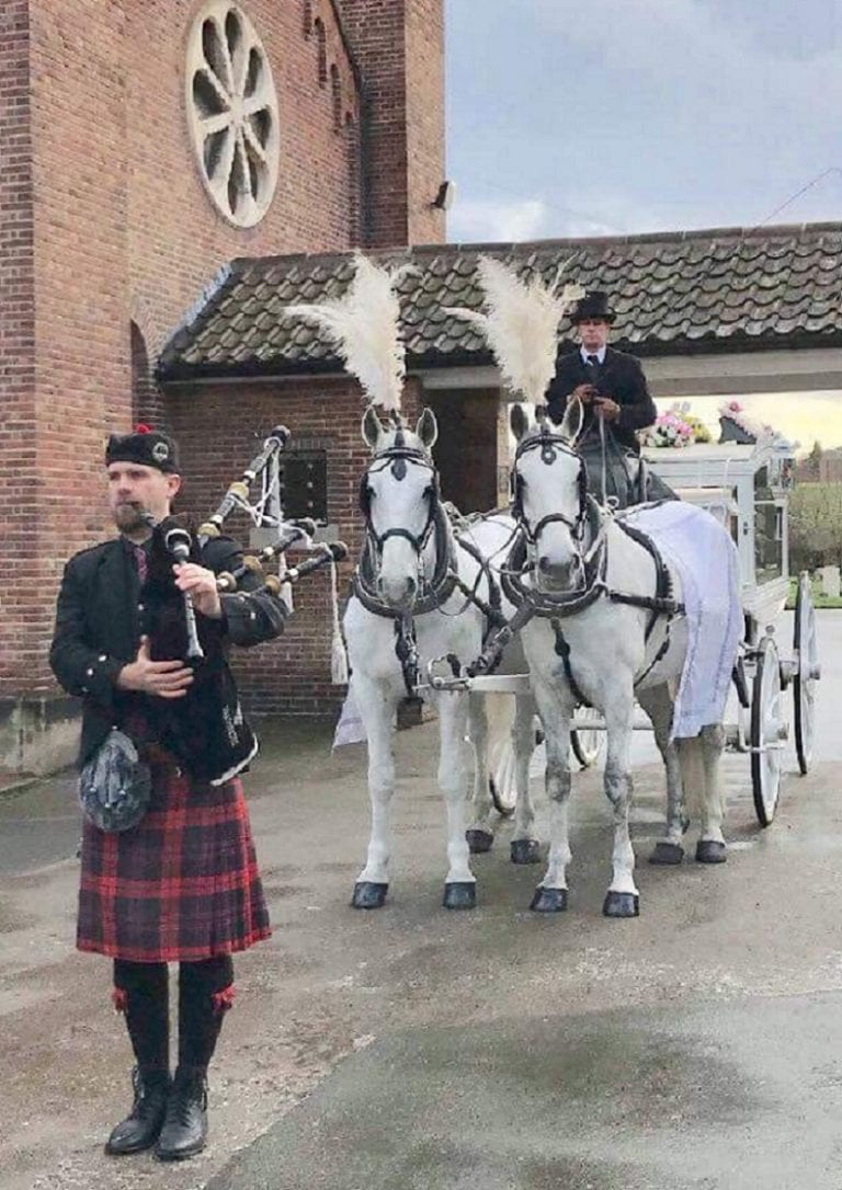 White Funeral Horses with Bagpiper