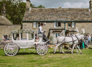 White Bow Sided Glass Coach with pair of White Horses White Bow Sided Glass Coach with pair of White Horses