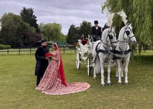 Pair of White Horses with White Convertible All Glass Landau Pair of White Horses with White Convertible All Glass Landau