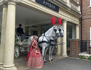 Pair of White Horses with White Convertible All Glass Landau Pair of White Horses with White Convertible All Glass Landau