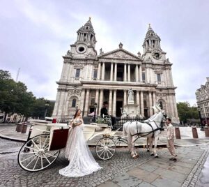 Pair of White Horses with White Convertible All Glass Landau in London Pair of White Horses with White Convertible All Glass Landau in London