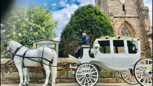 White Bow Sided Glass Coach with pair of White Horses White Bow Sided Glass Coach with pair of White Horses